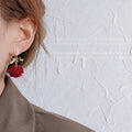 Gold-Tone Pearl Bow Wine Red Pom-Pom Drop Earrings view 3