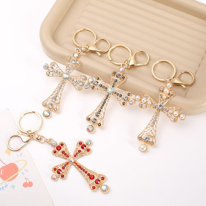 Rhinestone Filigree Cross Keychain Metal Religious Charm
