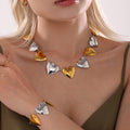 Bold Puffy Heart Link Necklace And Bracelet Gold Steel Two Tone view 1