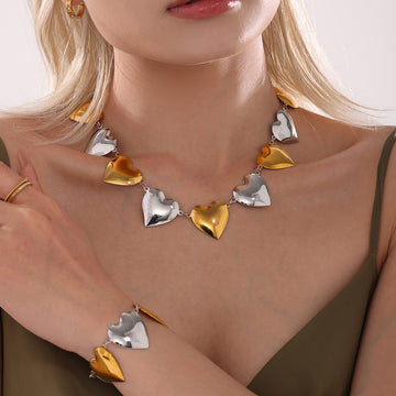 Bold Puffy Heart Link Necklace And Bracelet Gold Steel Two Tone