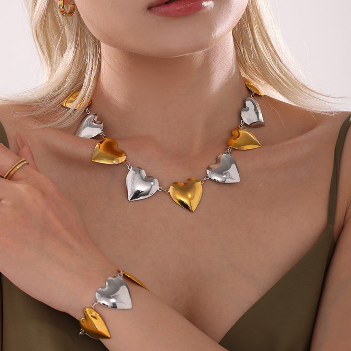 Bold Puffy Heart Link Necklace And Bracelet Gold Steel Two Tone