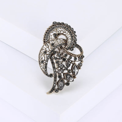 Gray Crystal Feather Brooch front view