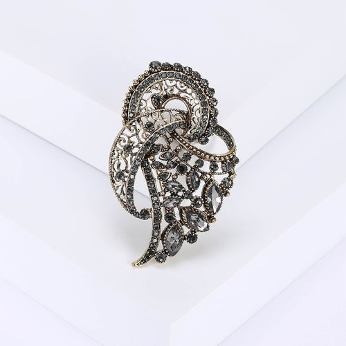Gray Crystal Feather Brooch front view