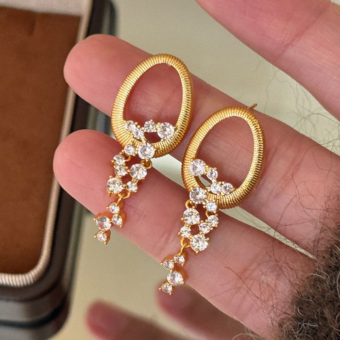 Oval Frame Crystal Tassel Stud Earrings With Decorative Metal Details