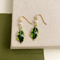 Green Enamel Leaf Drop Earrings Gold Hook Pearl Accents view 6