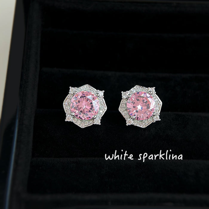 Silver Pink CZ Octagon Halo Stud Earrings Clear Border