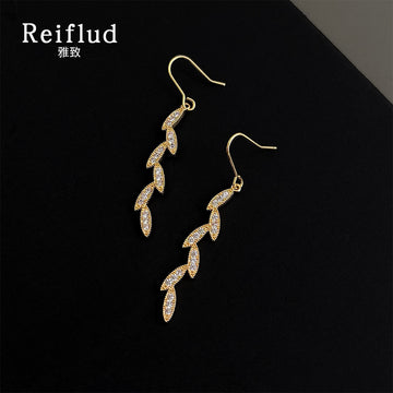 Gold-Tone Clear CZ Wheat Leaf Long Hook Drop Earrings