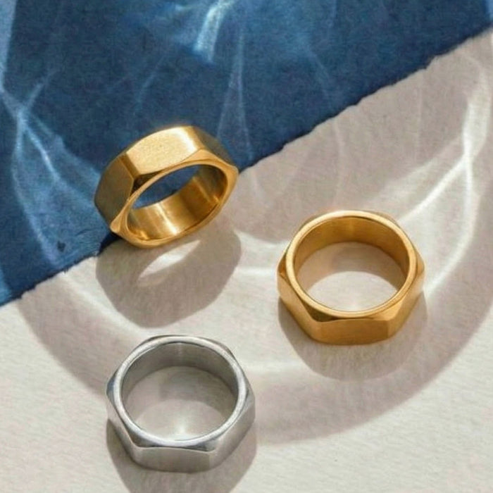 Wide Hexagon Faceted Band Ring Gold Steel Size Options