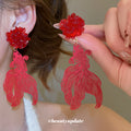 Red and Pink Cutout Fish Floral Stud Earrings with Polished Details view 3