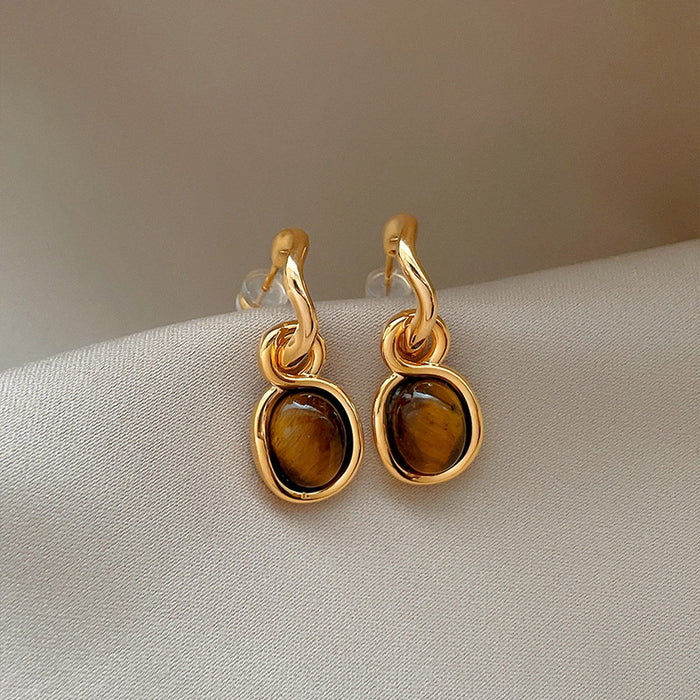 Gold Tone Oval Brown Cabochon Drop Earrings with Curled Frames