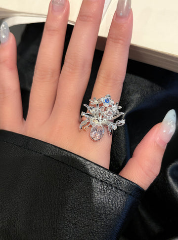 Silver Floral Branch Open Rings Pink Blue Oval Stones