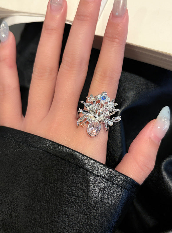 Silver Floral Branch Open Rings Pink Blue Oval Stones