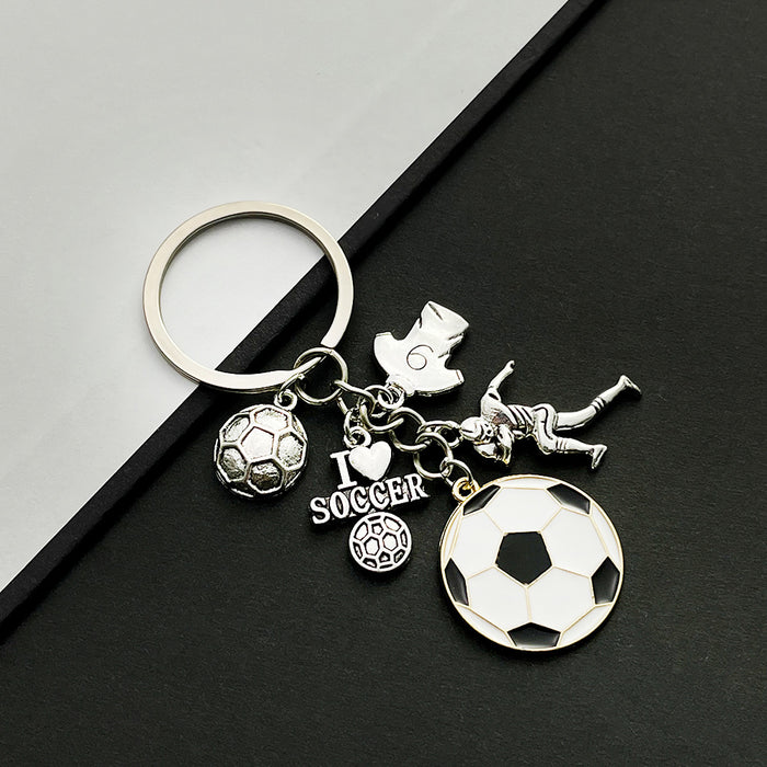 Antique Silver Number Nine Soccer Player and Ball Charm Keychain
