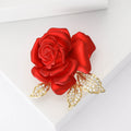 Sculpted Red Rose Brooch With Three Crystal Gold Tone Leaves view 2