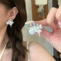 White Crystal Flower Stud Earrings with Translucent Petal Drops view 1