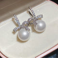Crystal Bow Pearl Drop Stud Earrings Statement Jewelry view 4