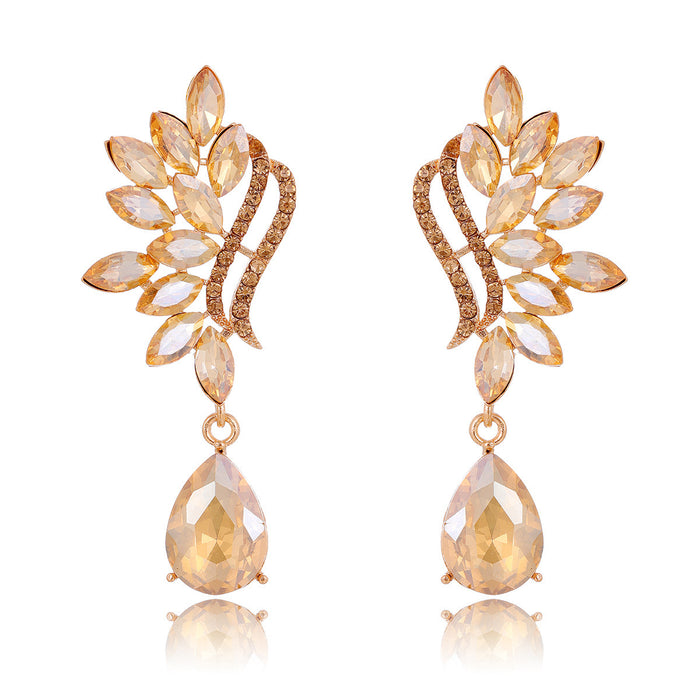 Gold Tone Champagne Leaf Curve Tassel Crystal Four Designs Metal Dangle Earrings