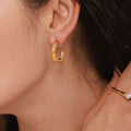 Gold Bamboo Segment C-Hoop Earrings White Zircon Pave Joints view 4