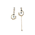 Gold Tone Blue Star Moon Asymmetric Long Chain Stud Earrings view 5