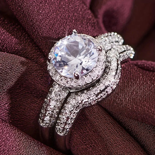Silver Tone Round Stone Three Band Ring Set with Clear Stone Accents shown in front view