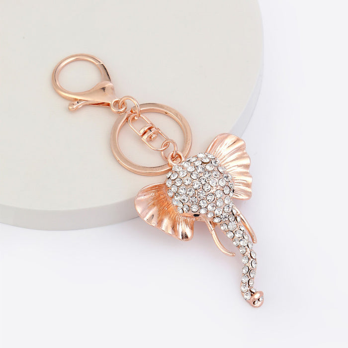 Rose Gold Rhinestone Elephant Head Keychain Lobster Clasp