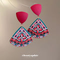 Red Patterned Triangle Drop Earrings With Beaded Trim view 2