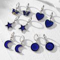 Silver Tone Dark Blue Motif Huggie Drop Earrings in Five Designs view 1