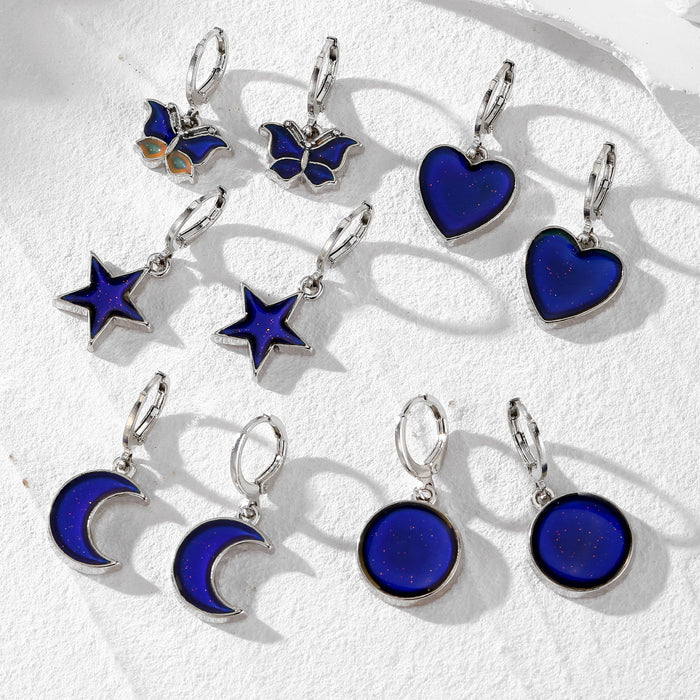 Silver Tone Dark Blue Motif Huggie Drop Earrings in Five Designs