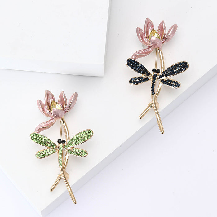 Dragonfly Lotus Brooch Blue or Green Rhinestone Gold Tone Pin