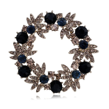 Black Crystal Floral Wreath Brooch Pin with Leaf Details