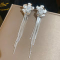 Crystal Flower Multi Chain Tassel Stud Earrings With Polished Metal Details view 6