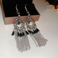 Antique Silver Tone Black Bead Chain Tassel Hook Earrings view 6