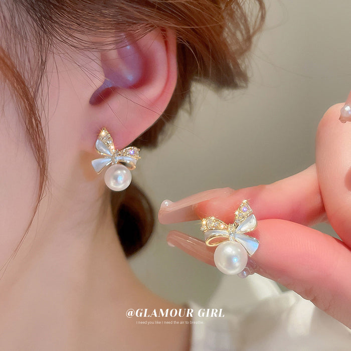 Crystal Bow Pearl Stud Earrings For Women Jewelry Style