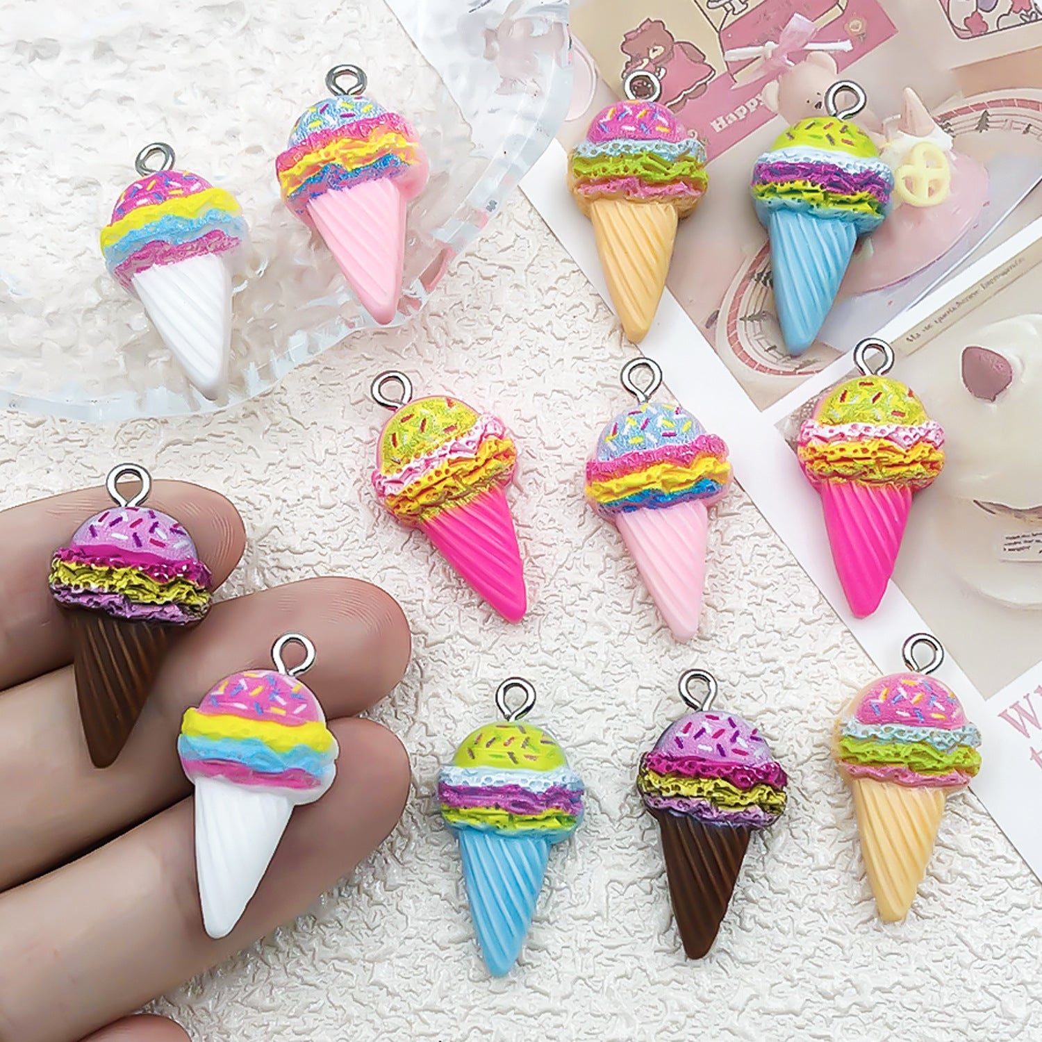 Simulation Resin Ice Cream Cone Charm Pendant for DIY Earrings Necklaces Bag Charms
