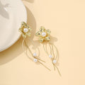 Gold Flower Pearl Look Chain Long Dangle Stud Earrings view 3