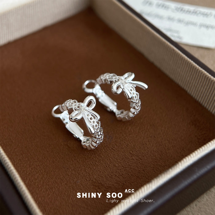 Silver Tone Hollow Bow Pearl Textured Huggie Hoop Earrings