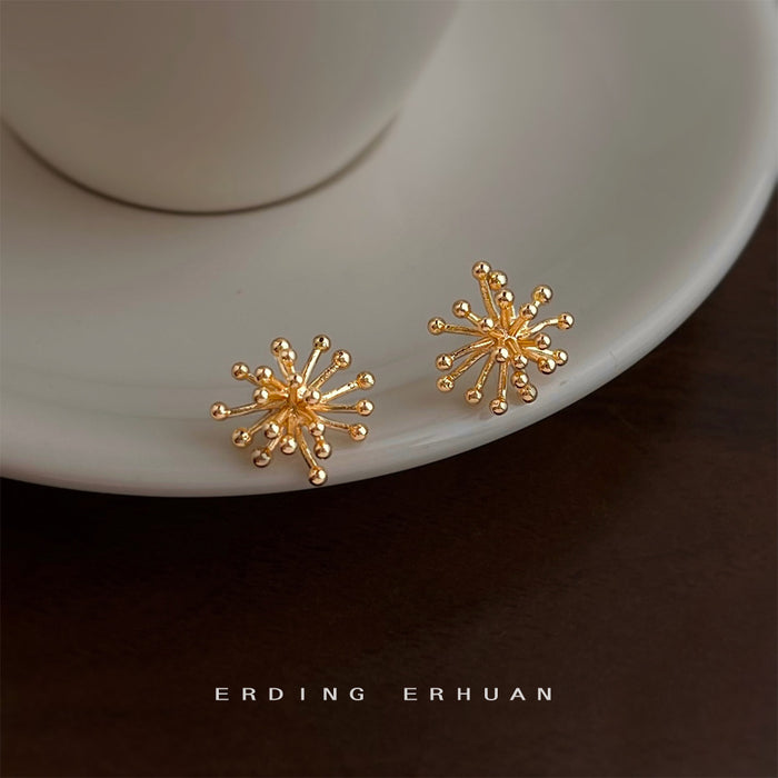 Gold Tone Round Tip Firework Burst Sculpted Stud Earrings For Women