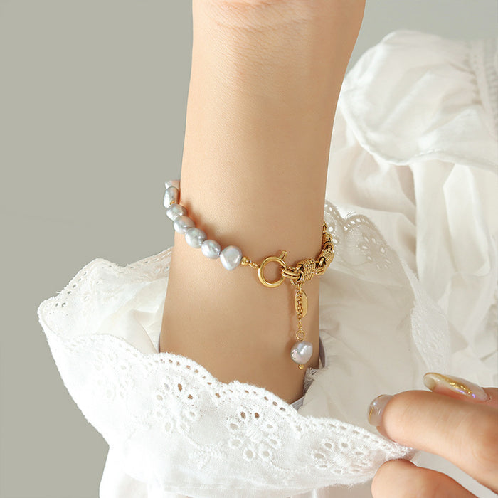 Grey Freshwater Pearl Gold Brass Weave Mixed Chain Bracelet