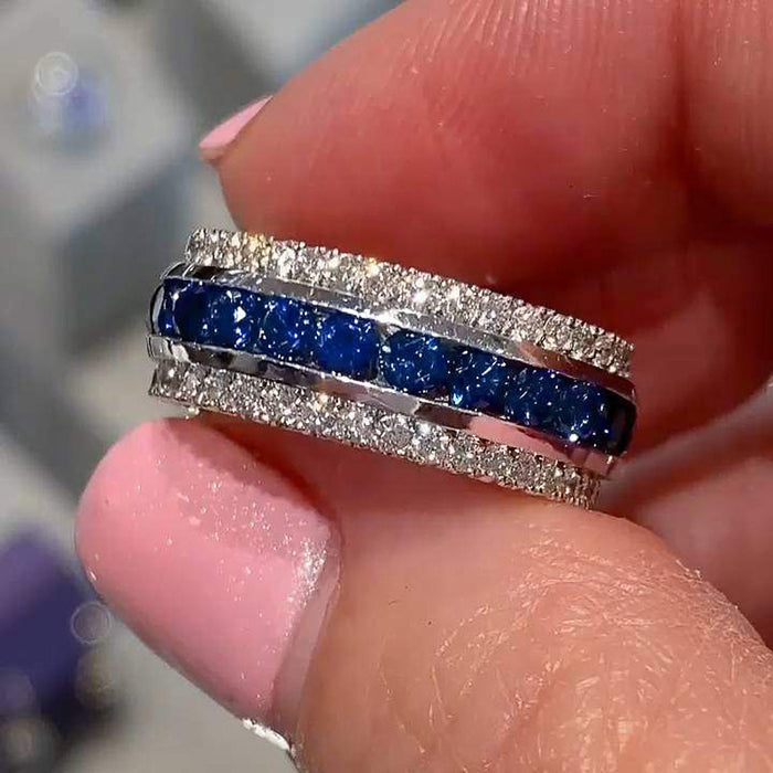 Blue Square Stone Channel Wide Band In Silver Tone
