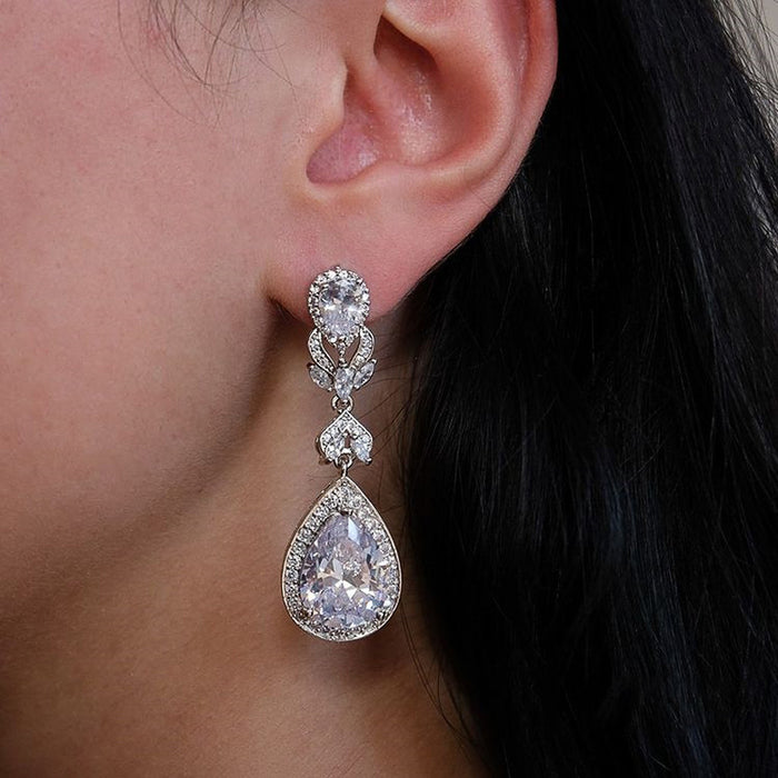 Silver Teardrop Halo CZ Leaf Drop Earrings Clear Dangle