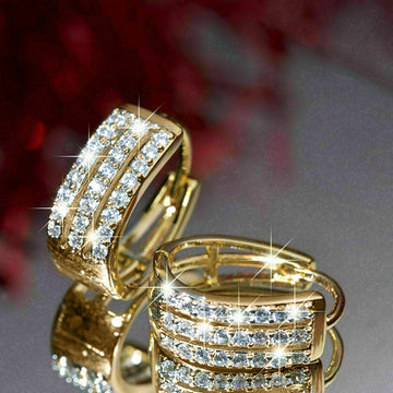 Gold Triple Row CZ Rectangular Huggie Hoop Earrings