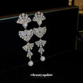 Silver Tone Crystal Bow Pearl Look Drop Earrings Jewelry view 2