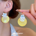Yellow Disc And Blue Flower Dangle Earrings Jewelry Pair view 1