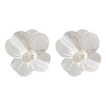 Silver Tone Large Wire Petal Flower Pearl Center Stud Earrings view 5