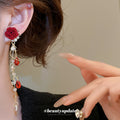 Red Rose Floral Chain Drop Earrings Decorative Jewelry Design view 3