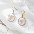 Gold Tone Rhinestone Oval Pressed Flower Drop Earrings in Four Designs view 7