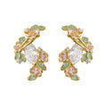 Gold Tone Pink Flower Green Leaf Floral Wreath Stud Earrings view 5