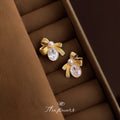 Gold-Tone Ribbed Bow Pearl Oval Clear Stone Stud Earrings view 6