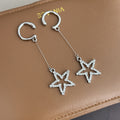 Silver Open Star Chain Linked Asymmetric Long Stud Earrings view 3