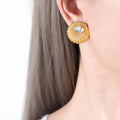 Ribbed Round Stud Earrings Faux Pearl Or Moonstone Centers view 1